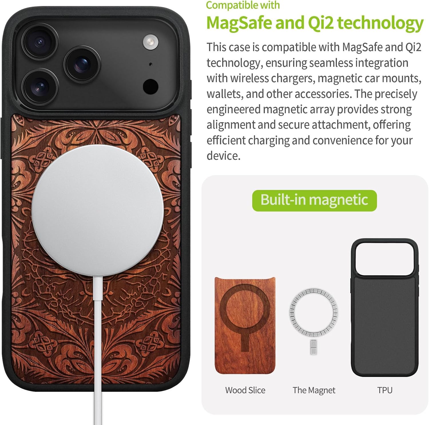 Carveit Magnetic Wooden Case for iPhone 17 Pro Max Case, Wood Artisan Engraved & Black Soft TPU Shockproof Cover, Compatible with MagSafe Wireless Chargers (The Dragon's Gaze Mandala) Rosy