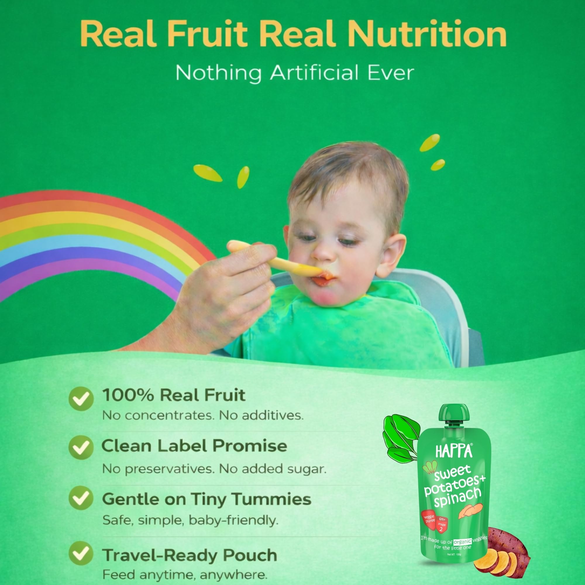 Happa Organic Baby Food Sweet Potato and Spinach Puree | 100% Fruits and Vegetables | No Added Sugar, No Milk Powder, No Preservatives | Stage 2 (6 Months+) | Ready to Eat | Free from Common Allergens | Pack of 1 (100g Each) 3