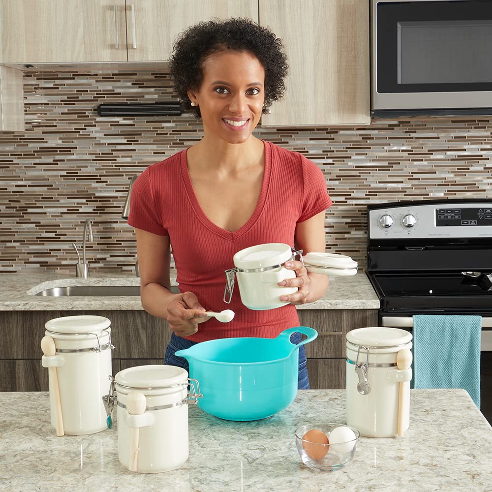 Home Basics Canister Sets For The Kitchen (4 Piece Set) Beige, High Gloss Ceramic Decorative Kitchen Set | With Wooden Spoons, Countertop Set For Flour, Sugar, Coffee, and Snacks