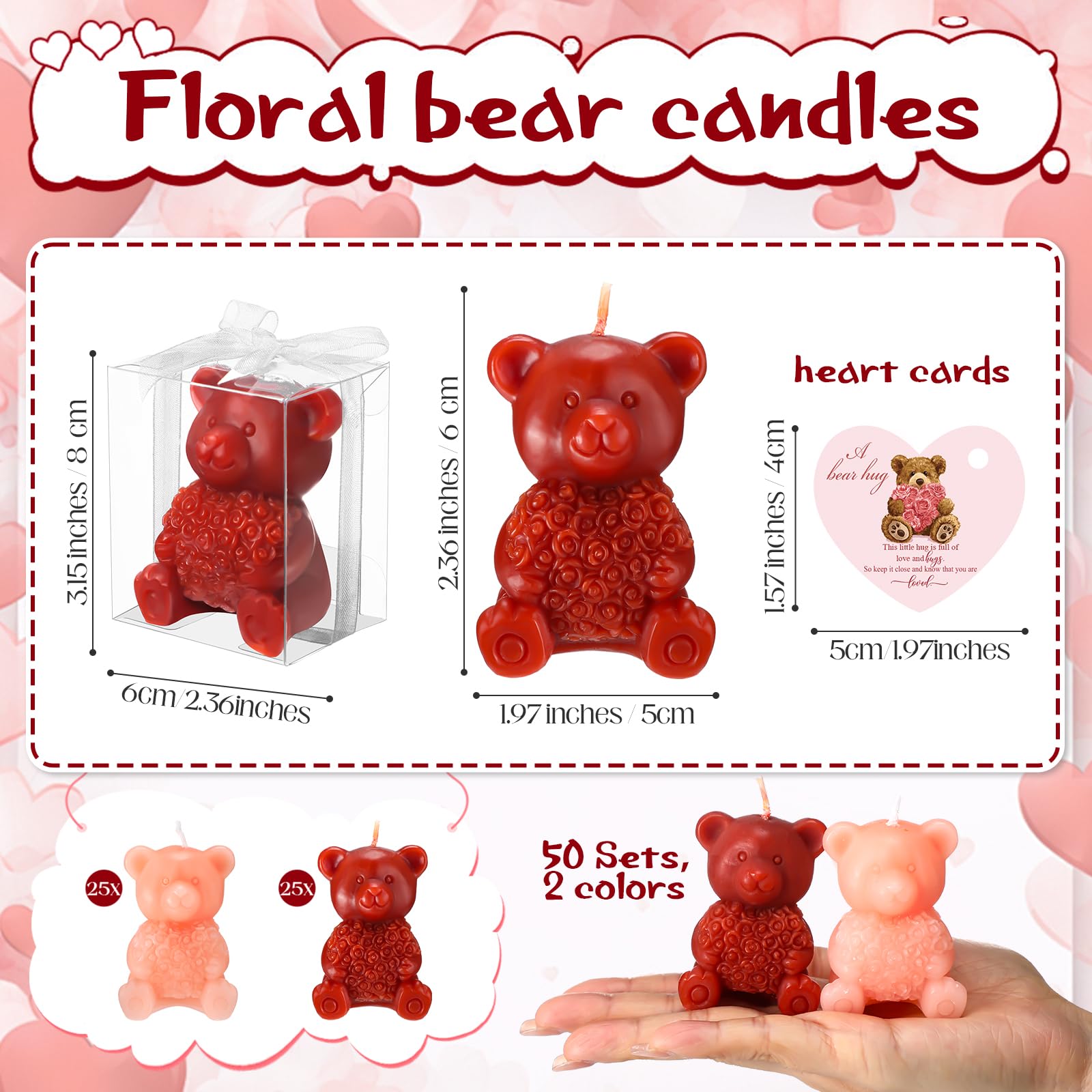 50 velas de oso para el día de San Valentín, velas de oso de rosas a granel en caja, bonitas velas de oso con tarjetas de bendición para propuesta del día de San Valentín, cumpleaños,