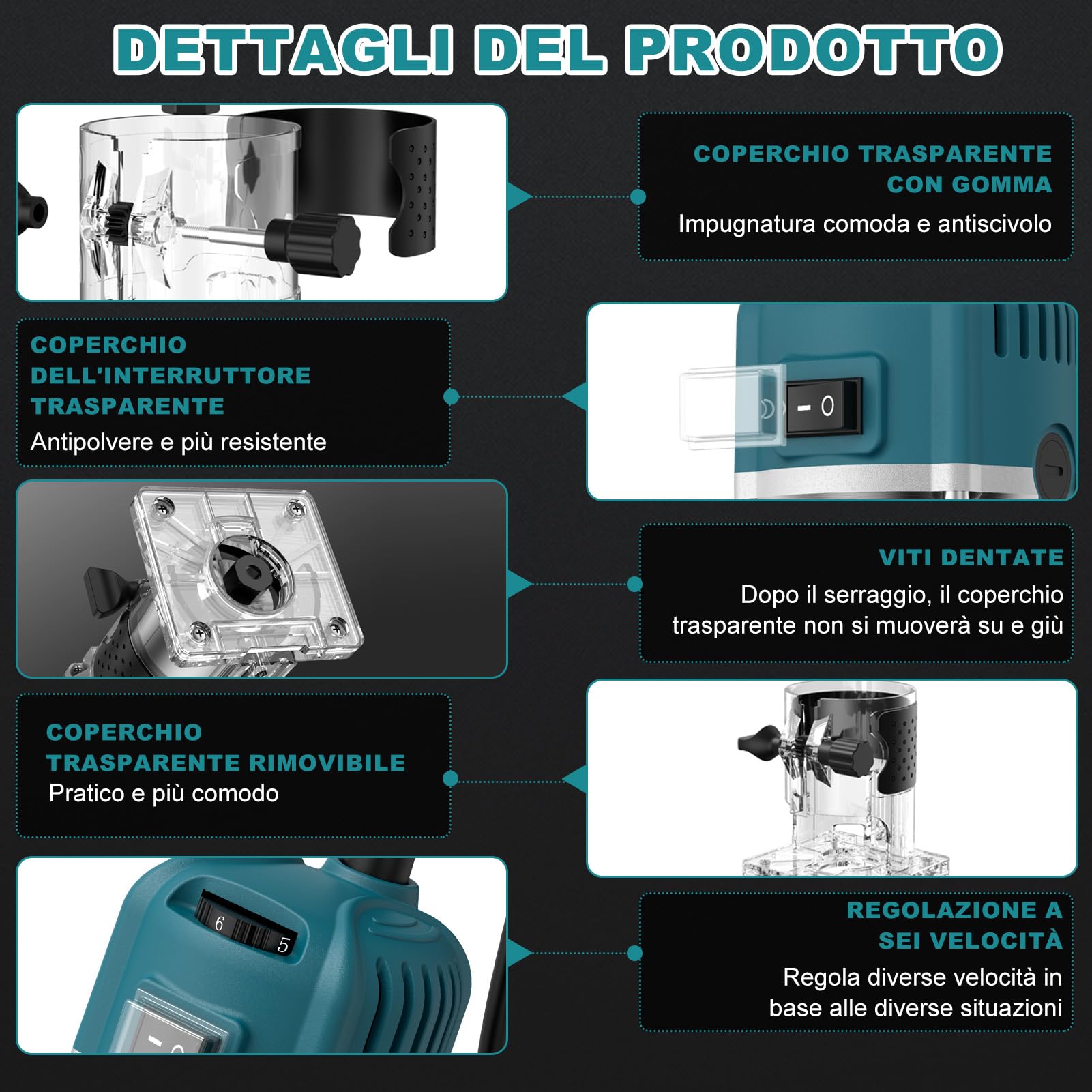 Rifilatore Fresatrice Verticale 800W, Router di legno elettrico, 30000rpm Legno Rifilatrice Elettrica a 6 velocità Variabili con 15 frese per intaglio per Smussare, Scanalare, Rifilare, Punzonare
