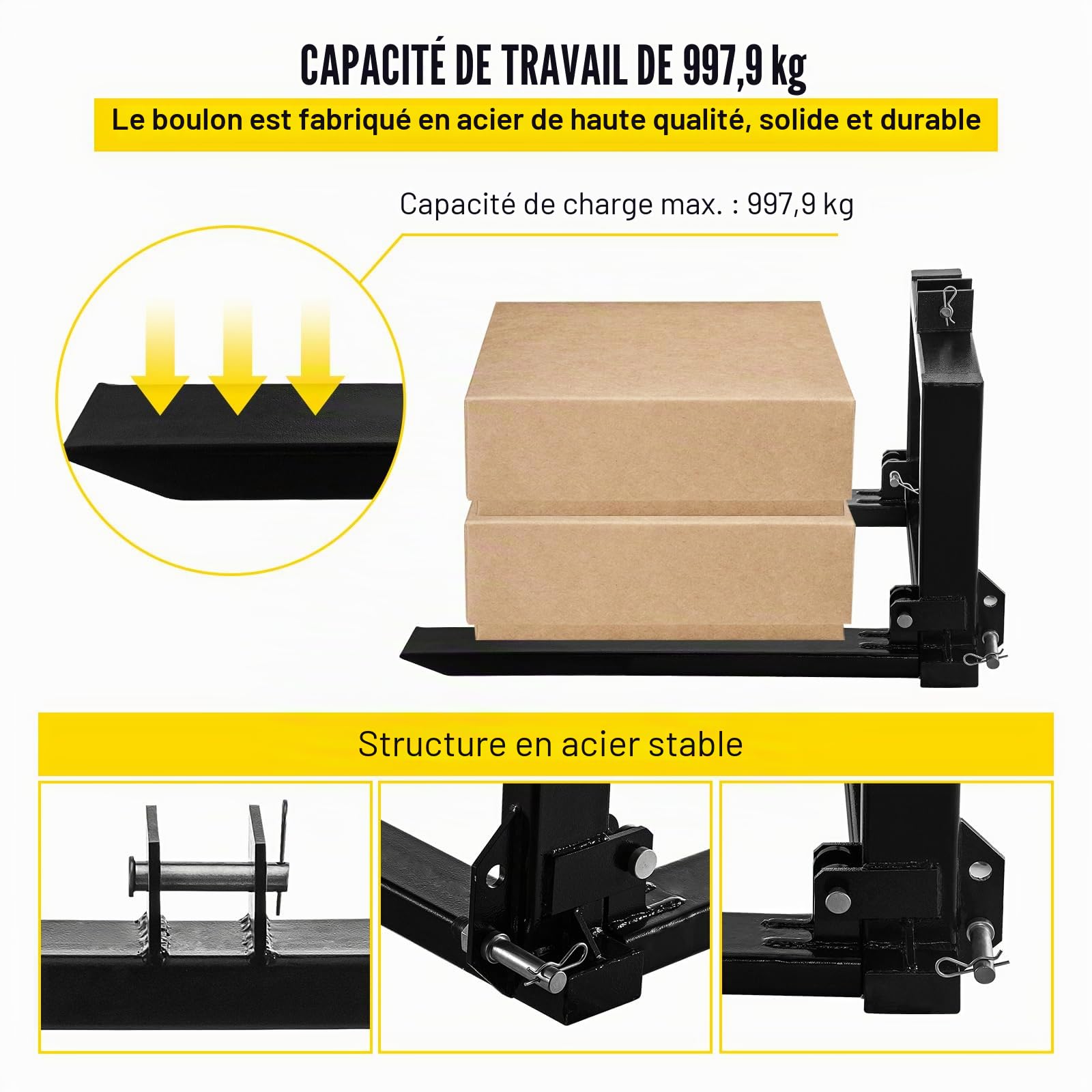 VEVOR Élévateur de palettes 1T pour chariot élévateur de 1000 kg Fourches à palettes de charge pour l'élévation de transpalettes Fourches élévatrices à palettes Tout acier Attache à 3 points 2200L