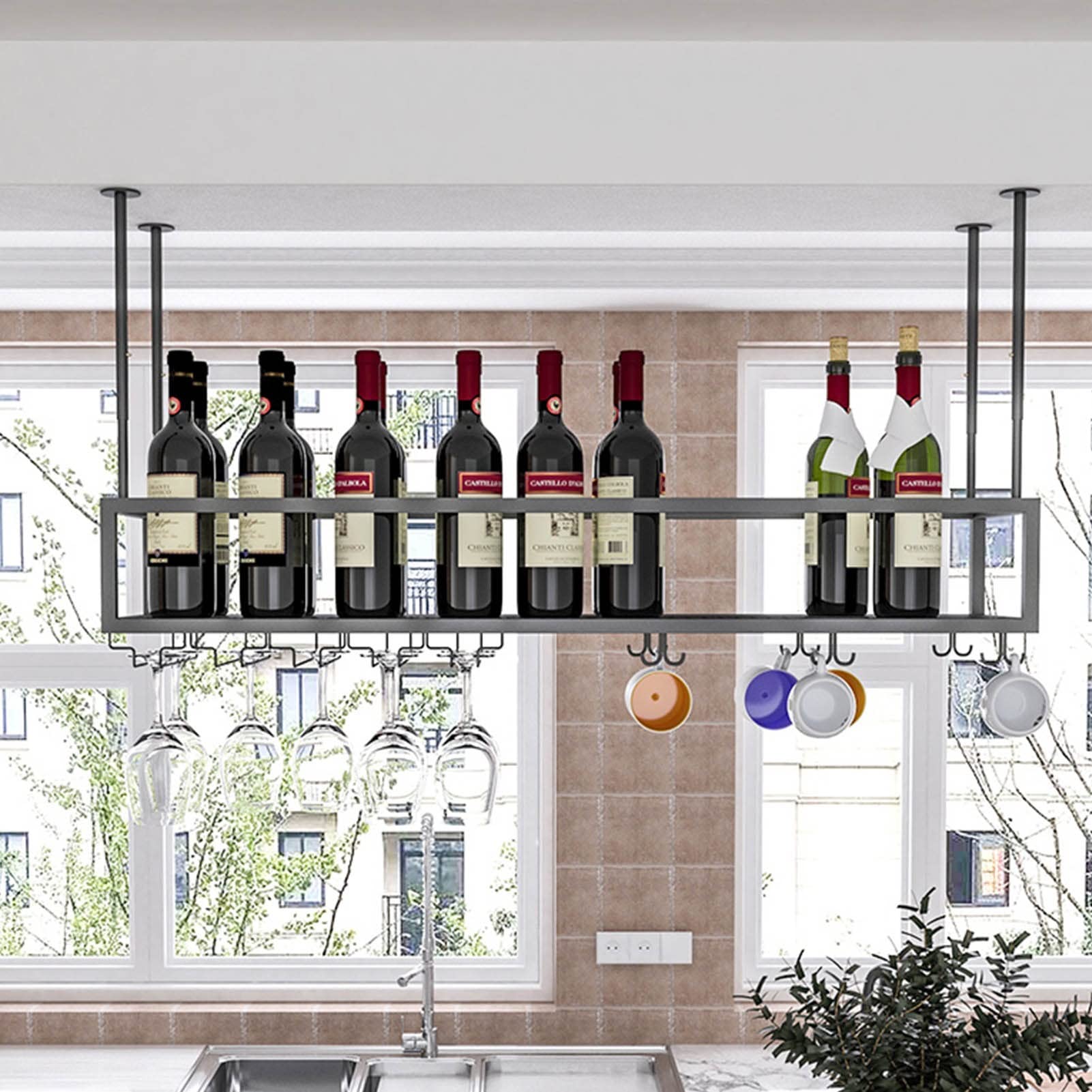 Étagère de décoration pour bars et cuisines, porte-bouteille et verres suspendus
