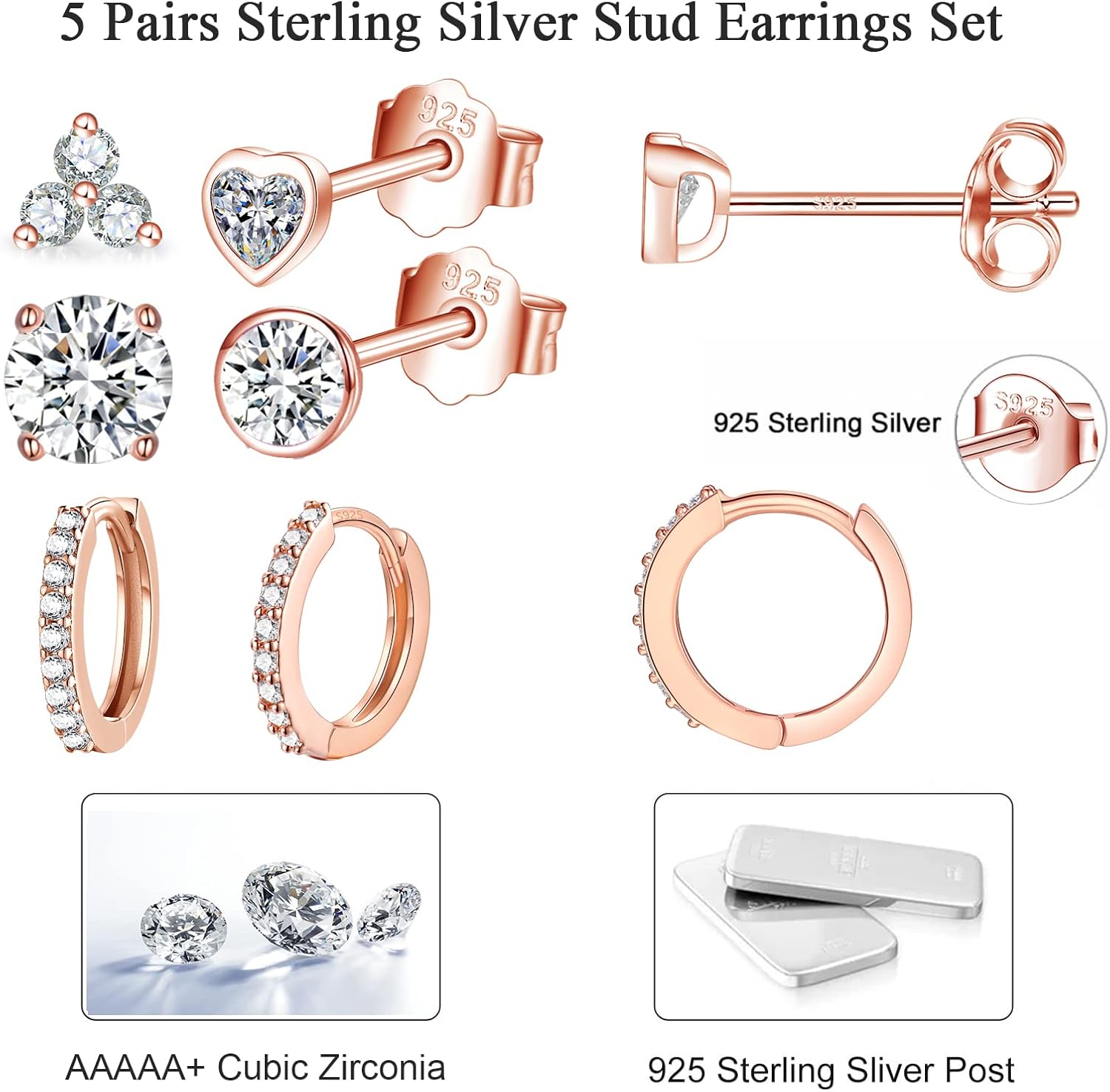 EPIRORA 925 Sterling Silver Studs Earrings Set for Women Men, Hypoallergenic Cubic Zirconia Stud Cartilage Helix Earrings, 5 Pairs Different Sizes Silver Hoop Earring Studs Sets for Multiple Piercing - Image 5