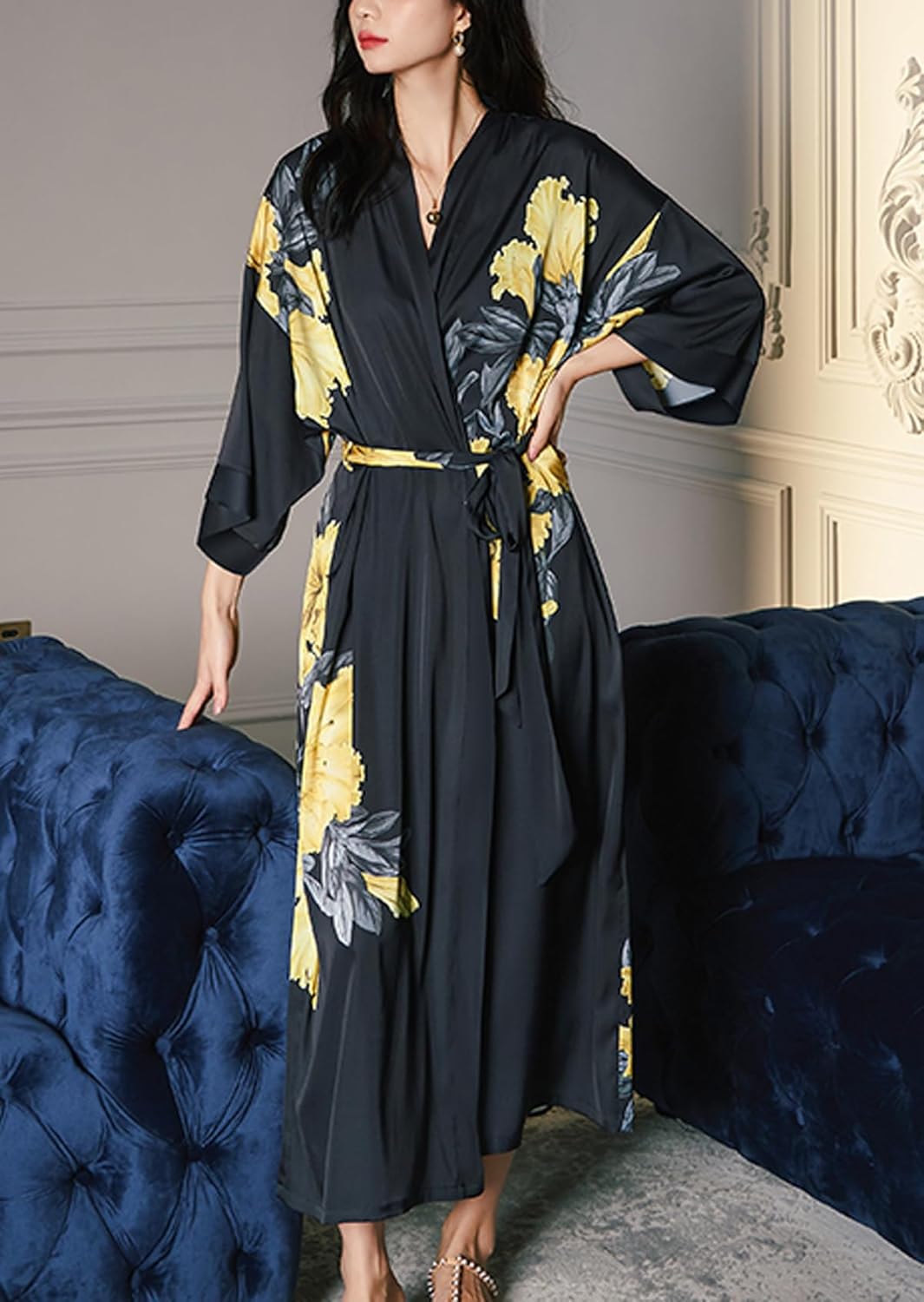 Silk Satin Robe for Women Long Japanese Kimono Robe Lightweight Soft Bathrobe Floral Luxury Dressing Gown - Image 4