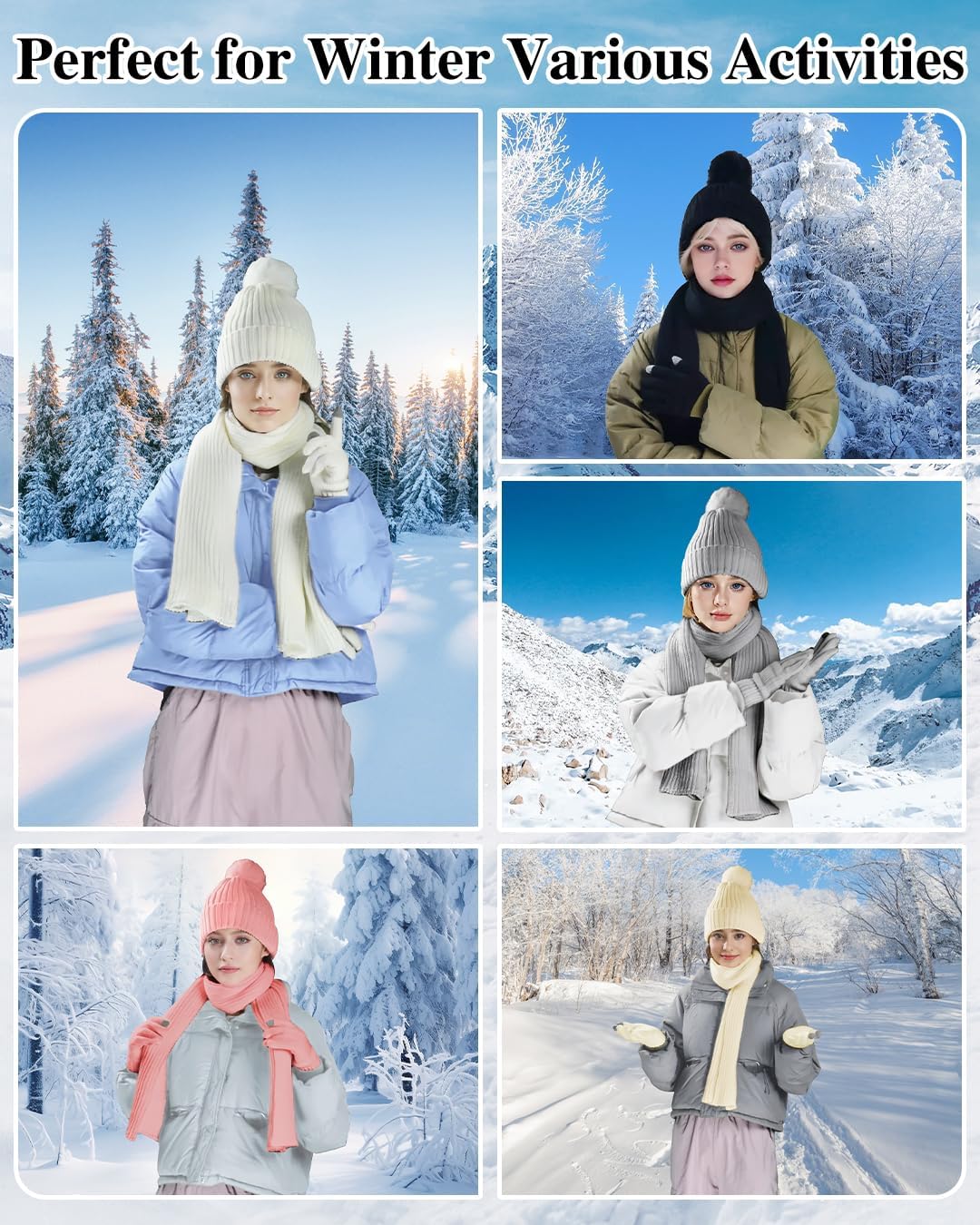 Winter Beanie Hat Scarf Gloves Set for Women, Fleece Knit Pompom Beanie Neck Warmer Long Scarf Touchscreen Gloves 3 in 1 Set - Image 6