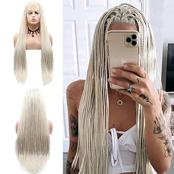 Pastel Blonde Box Braided Wigs Braids Hair White Synthetic Lace Front Wig | Blonde braided Lace Front Wigs for Women 26Inch Heat Resistant Long Straight Cosplay Daily Wear