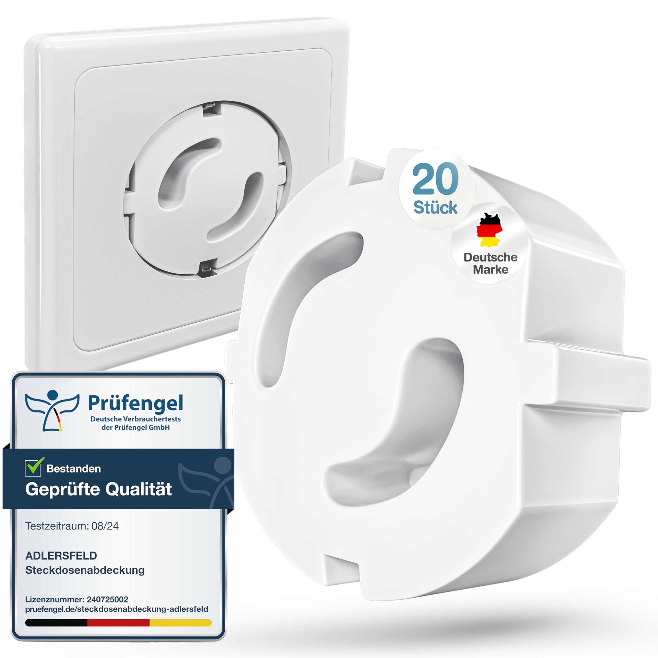 Adlersfeld® Steckdosen Kindersicherung (20x Stück) - Kindersicherung Steckdose zum Schutz vor Stromschlägen - Einfache Installation ohne Kleben - Steckdosenschutz Weiß - Sicherheit für Baby & Kinder