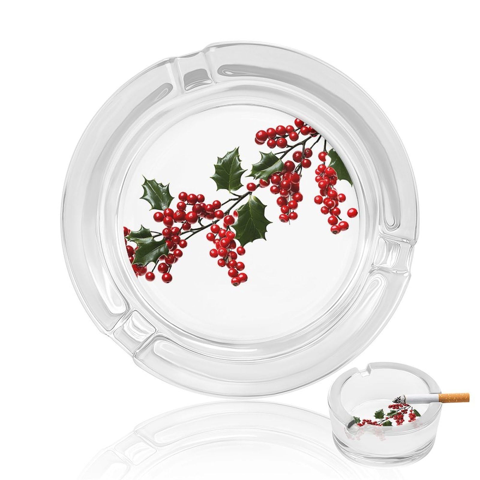 Holly Berry Branches Ashtray Cigar Cigarette Rest Glass Outdoor Cigar Ashtrays with 3 Grooves Travel Cigar Ashtrays Fancy Cute Cool Ash Tray for Smokers Tabletop