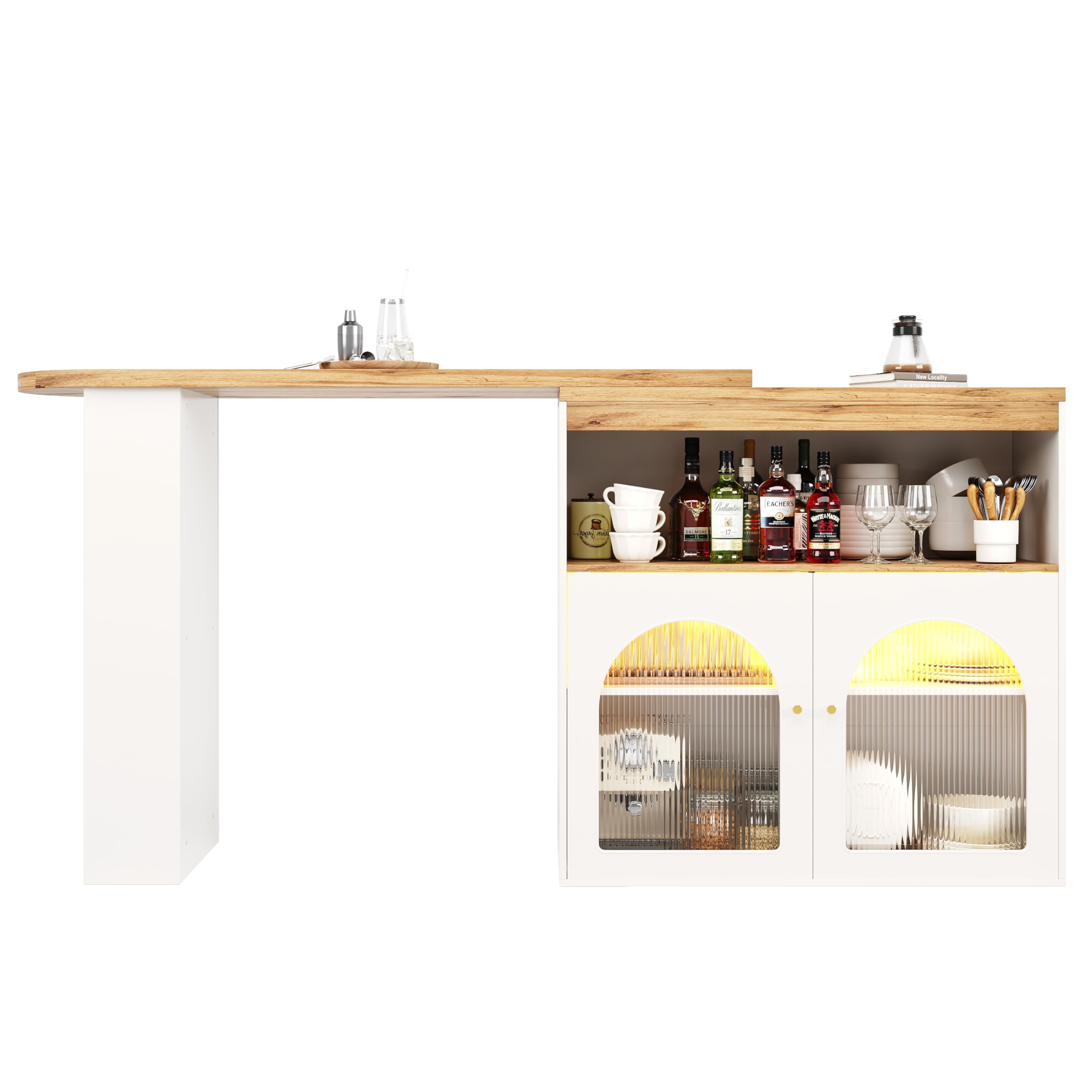 Merax Bartisch Ausziehbarer, 360° drehbarer Stehtisch mit 2 Glastür, Offenes Staufach, 3 Ablagen, moderner Bistrotisch Küchentisch Kücheninsel mit LED-Licht, für Bar Küche Wohnzimmer Esszimmer, Weiß