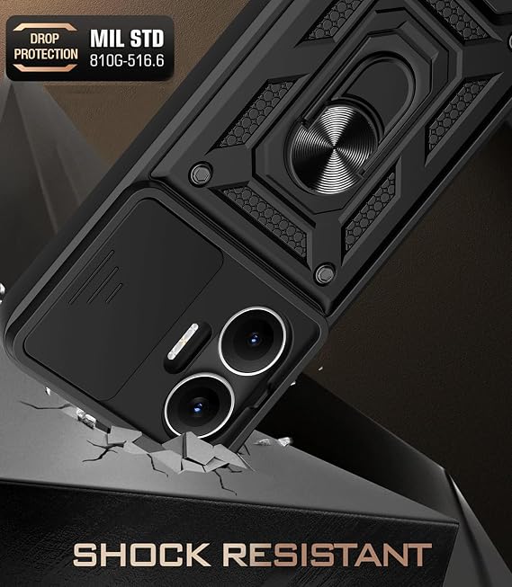 ILING Case for Xiaomi POCO F7 5G, Ultra-thin Matte Texture Hard PC + Soft Silicone TPU Bumper Shockproof Heavy Duty Cover, with Ring Kickstand and Slide Camera Cover (Black)