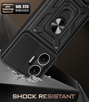 ILING Case for Xiaomi POCO F7 5G, Ultra-thin Matte Texture Hard PC + Soft Silicone TPU Bumper Shockproof Heavy Duty Cover, with Ring Kickstand and Slide Camera Cover (Black)