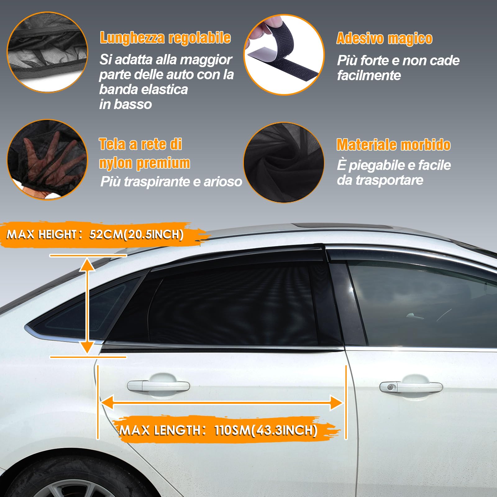 Tendine Parasole Auto Bambini,Oscuranti Misura Universale Senza Ventose Esterne Protezione Neonati da Raggi UV Autoaderente Automatica Kit Finestrini Posteriori (L)