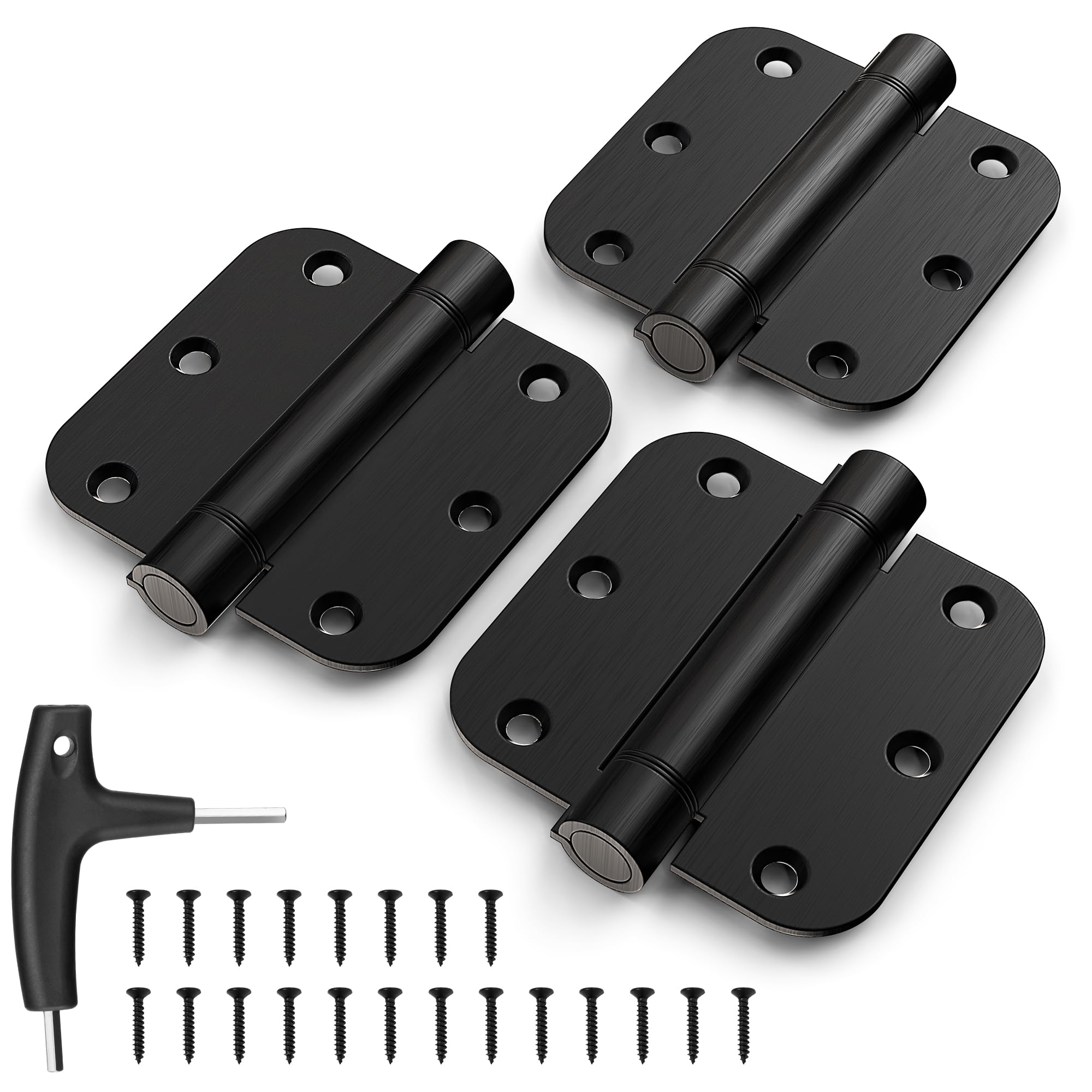 Self Closing Door Hinges, 3.5 x 3.5 Inches Door Hinges with Auto Close, 5/8" Radius Corners Spring Door Hinges, Commercial Grade Stainless Steel, Pin-Free Installation, Matte Black, 3 Pack