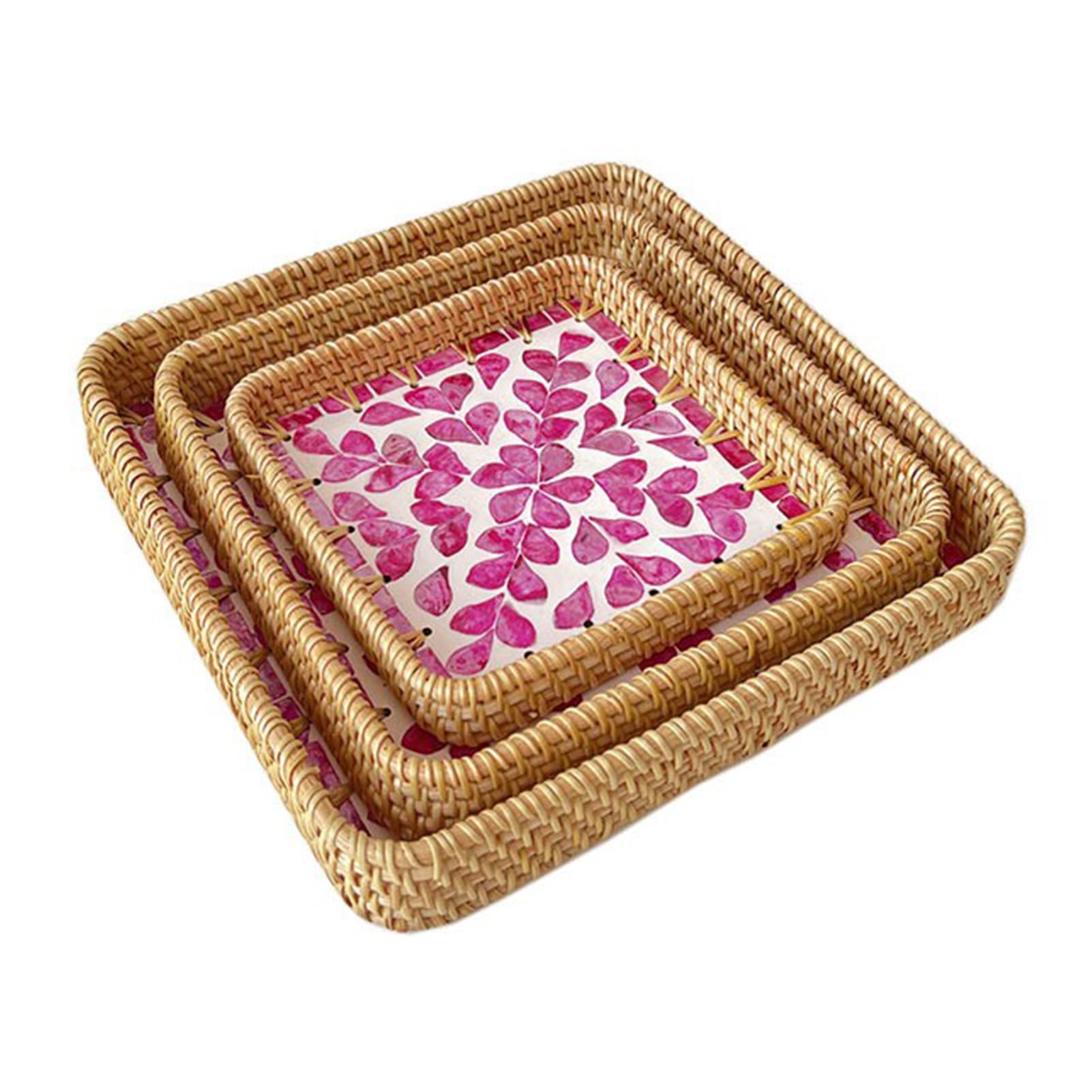 Bandejas de Ratán para Servir, 3 Piezas de Bandejas de Mimbre Bohemias, Bandejas de Mesa Decorativas Vintage Tejidas a Mano, Decoración de Mesa de Centro Rectangular (G)