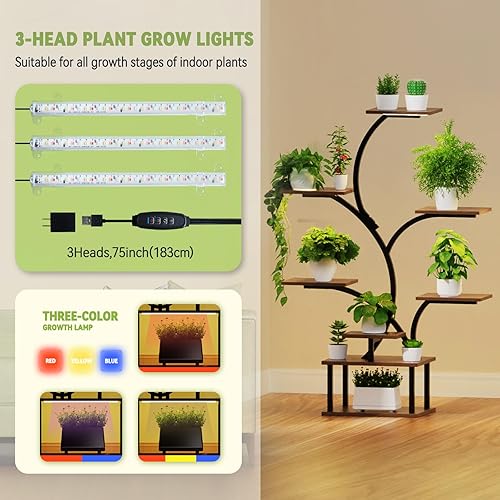 Miniatura 3 de Soporte para plantas de interior con luz LED de crecimiento, soporte de flores de 8 niveles, estante de metal de 48.43 pulgadas, elegante diseño de