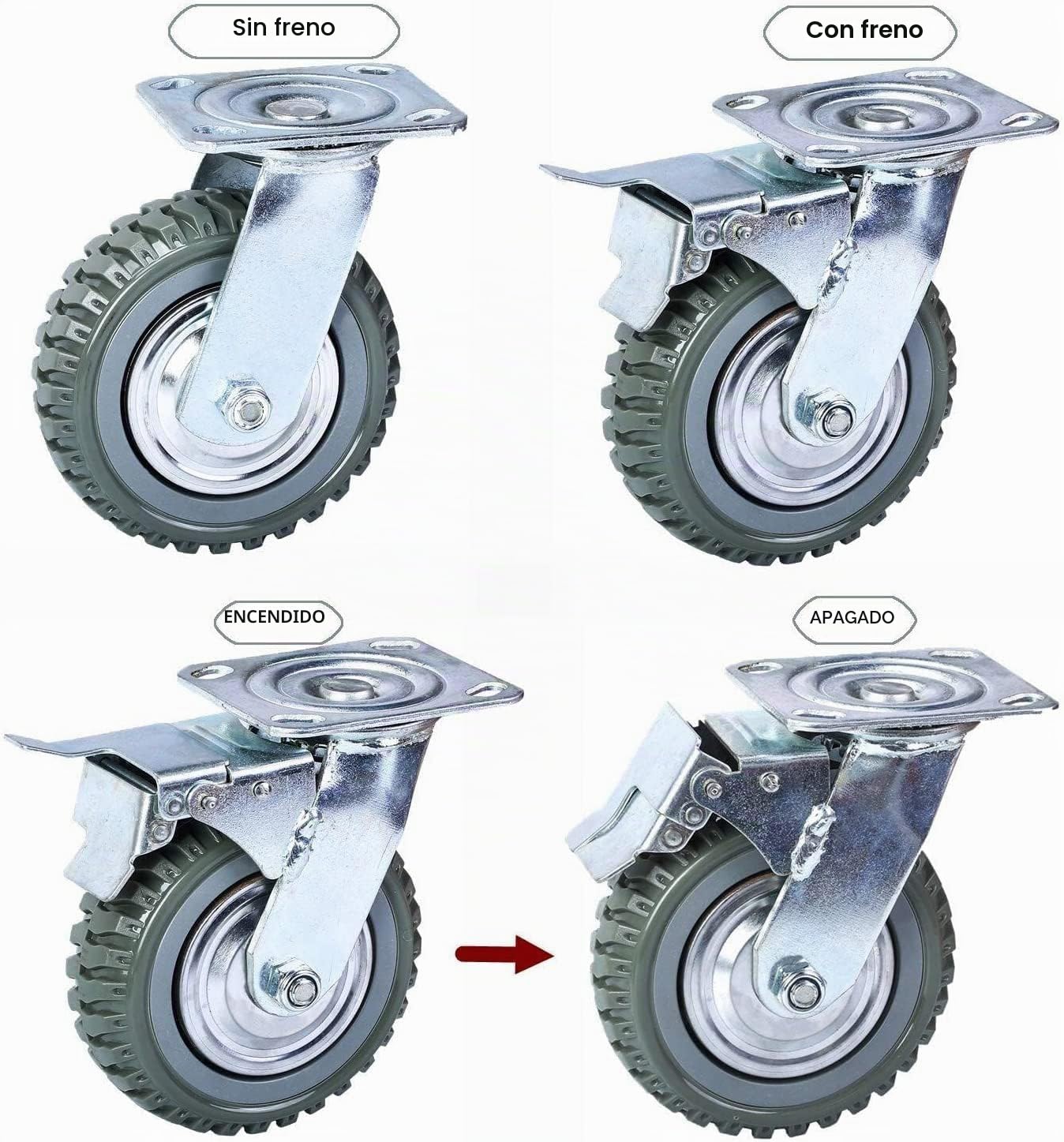 4 ruedas para cargas pesadas, ruedas giratorias de 200 mm con freno, ruedas de transporte giratorias 360°, ruedas de transporte para cargas pesadas, ruedas para muebles, capacidad de carga de 1000 kg