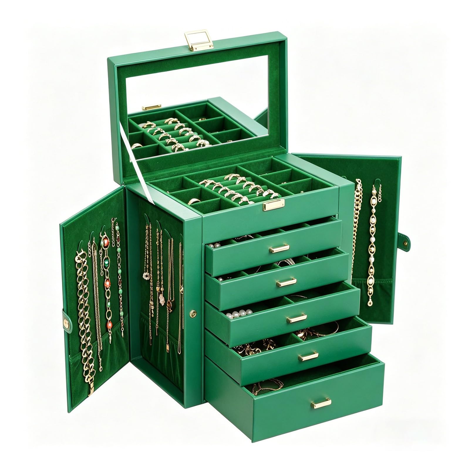 SDFSDE 6-Layer Jewelry Box Organizer Storage Case With 5 Drawers And Mirror For Necklace, Watches, Rings, Earrings, Bracelets, Glass