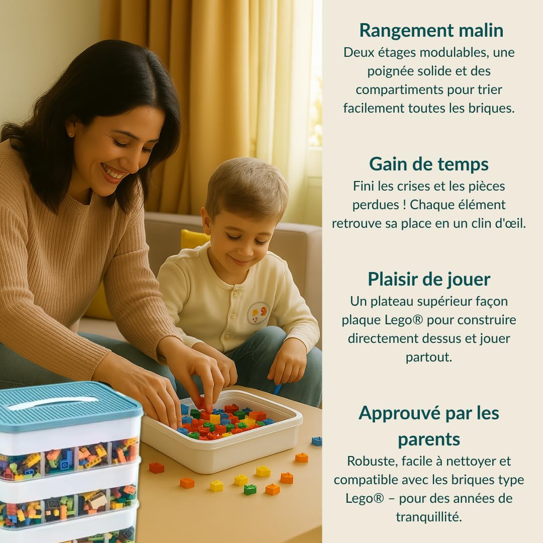 B2R Boite Rangement Plastique pour Lego Briques – 3 Couches Empilable Transparente Verte – Couvercle Plateau de Jeu – Compartiments Réglables Rangement Jouets Enfant