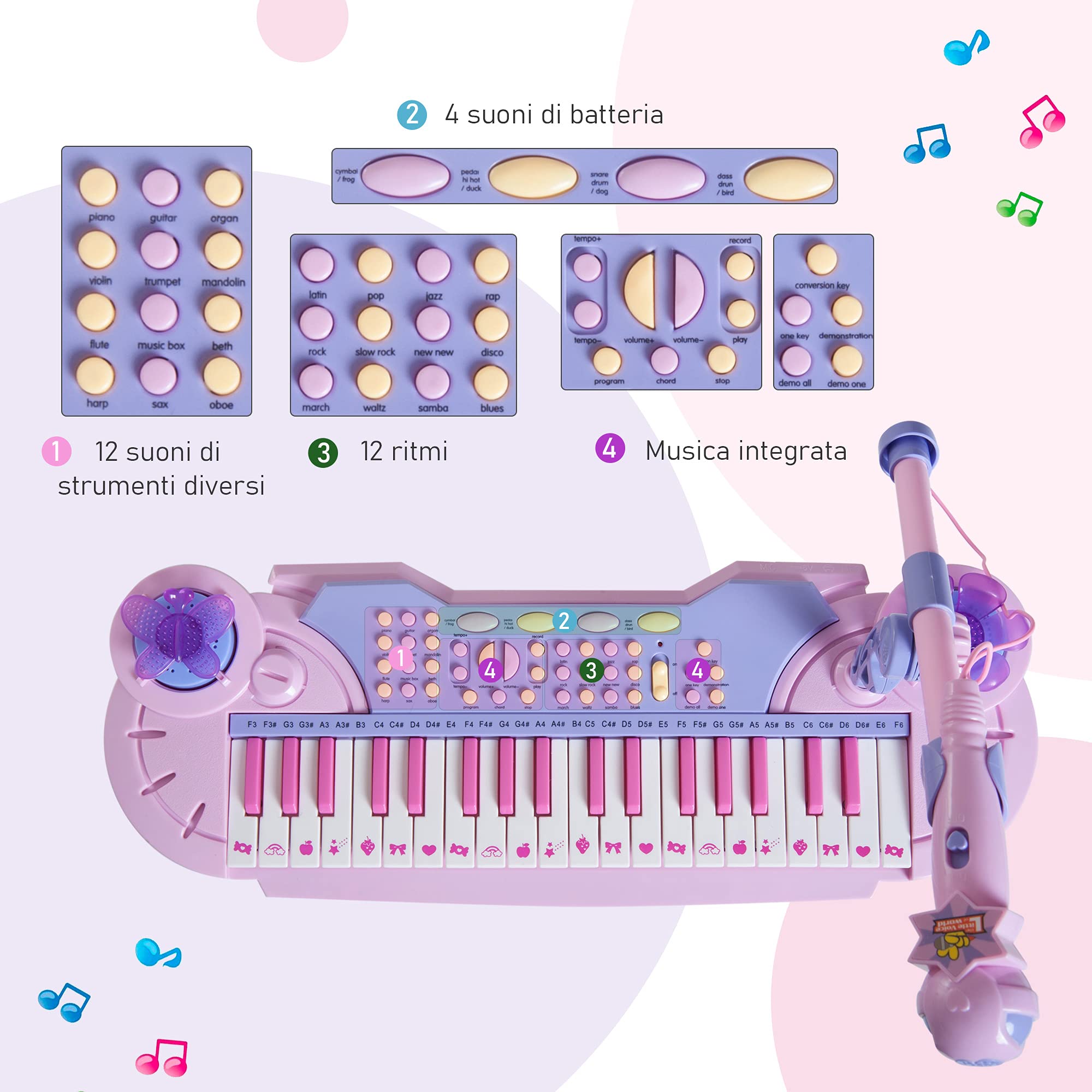 HOMCOM Pianola per Bambini a 37 tasti con Sgabello e Microfono, Rosa