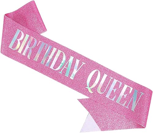 MUMUNN Banda de cumpleaños Queen rosa, letras de papel de aluminio deslumbrante con purpurina para mujeres 21, 30, 40, 50, 60, regalos divertidos