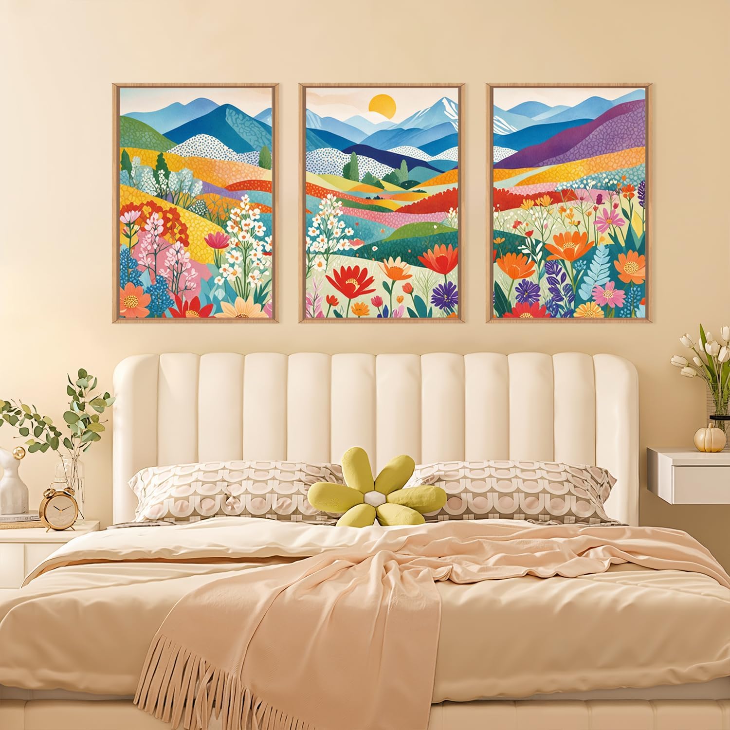 LHIUEM Large Abstract Mountain Flower Framed Canvas Wall Art,Colorful Watercolor Boho Wall Decor,Nature Floral Tree Wall Painting,Bohemian Artwork for Living Room,Bedroom,Dining Room,Office -16"x24"x3 image 5
