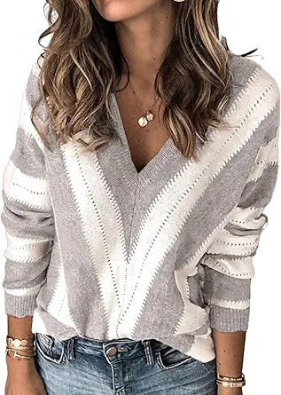 PRETTYGARDEN Sweaters for Women 2025 Long Sleeve Striped Knitted V Neck Pullover Jumper Tops Fall Outfits Fashion Clothing