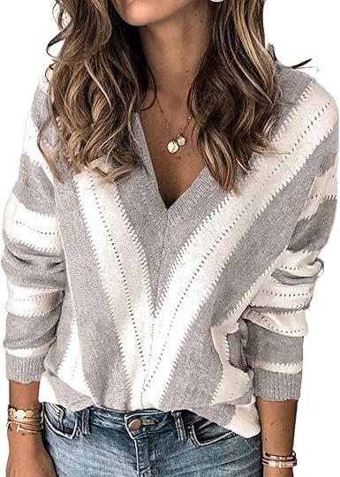 PRETTYGARDEN Sweaters for Women 2025 Long Sleeve Striped Knitted V Neck Pullover Jumper Tops Fall Outfits Fashion Clothing