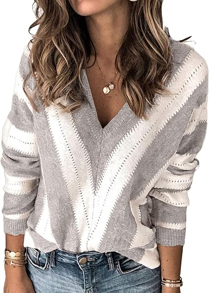 PRETTYGARDEN Sweaters for Women 2025 Long Sleeve Striped Knitted V Neck Pullover Jumper Tops Fall Outfits Fashion Clothing