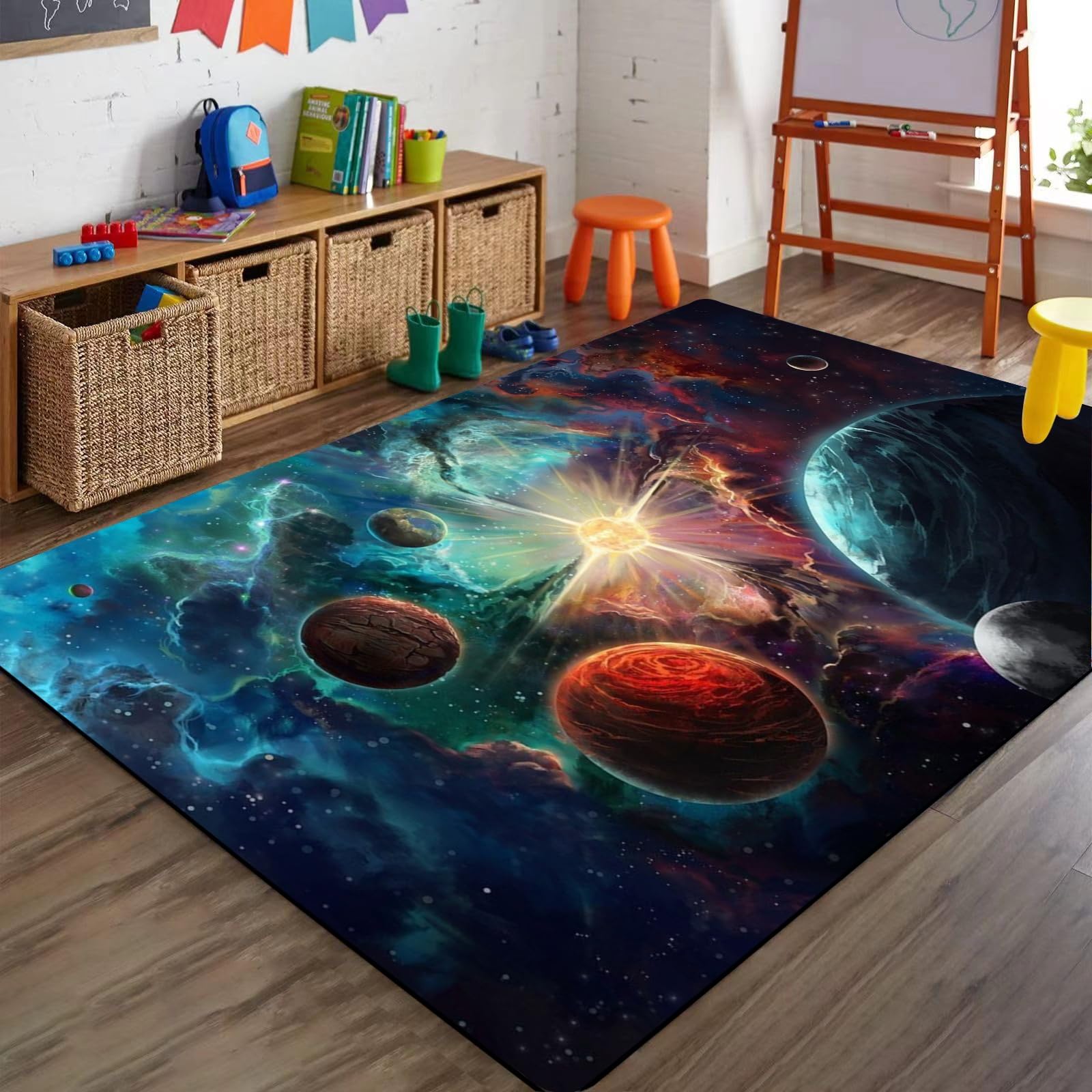 Bycmuoz Planet Print Living Room Carpets, 160x230cm, Outer Space Starry Sky Mars Indoor Rug, Durable Soft Cozy Low Pile Rugs, Reduce Noise Non Skid Playing Mat for Boys Girls Indoor Family