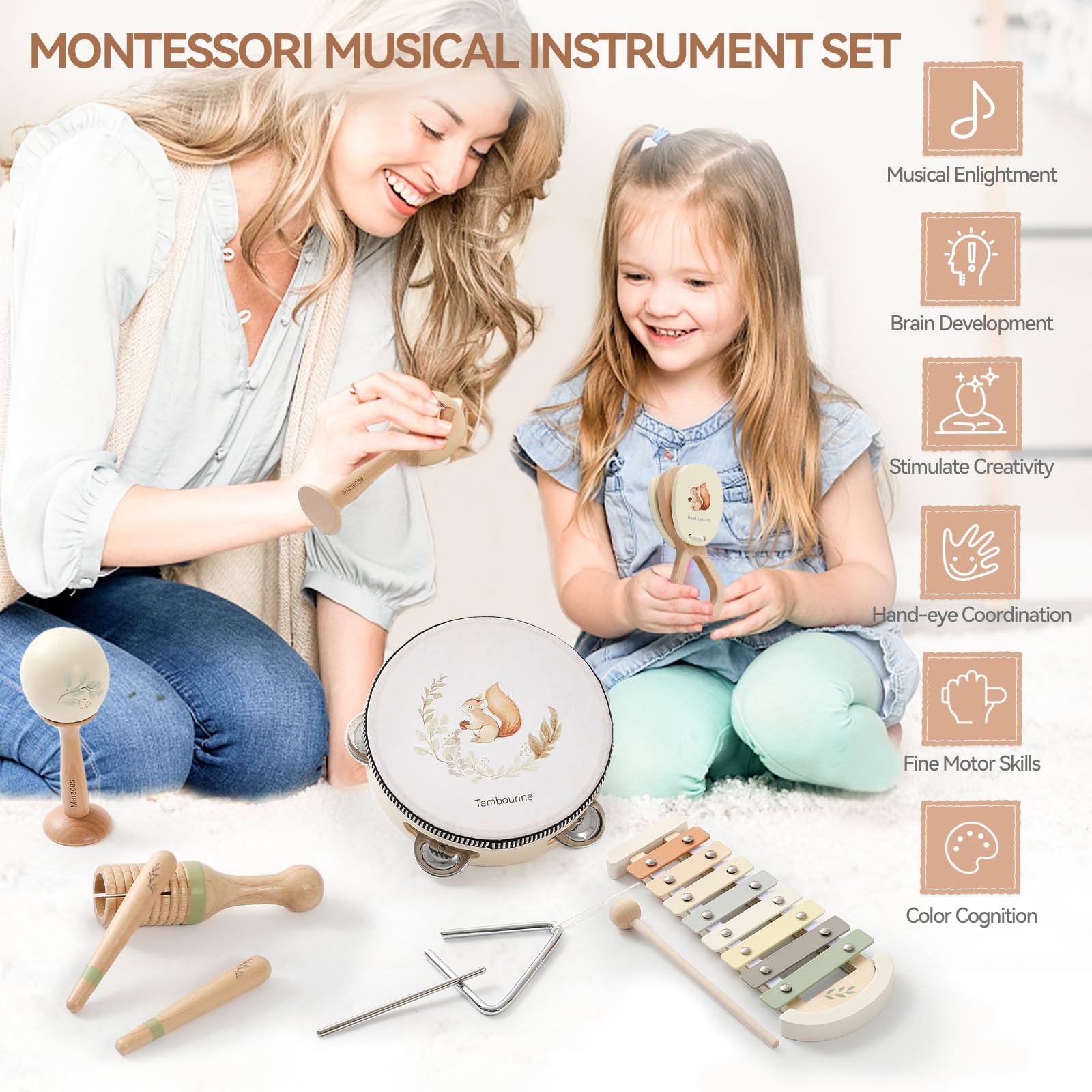 OESSUF Strumenti musicali per bambino a partire da 1 anno, xilofono e tamburello in legno, giocattoli Montessori a partire da 1 2 3 anni