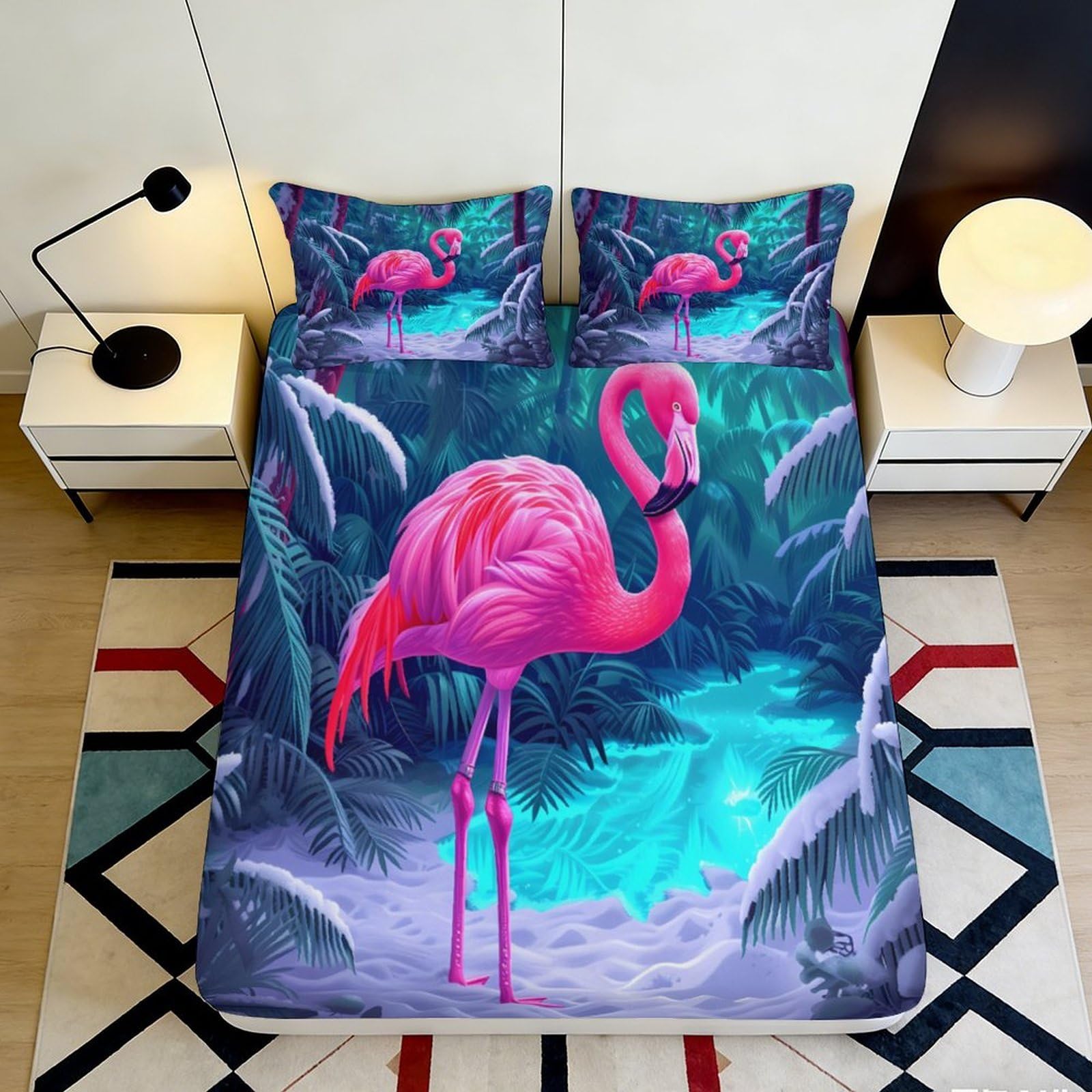 3D Printed Pink Flamingo Fitted Sheet Microfiber Soft Breathable Tropical Lake Bed Cover for Bedroom Guest Room Decor 90x200x25cm