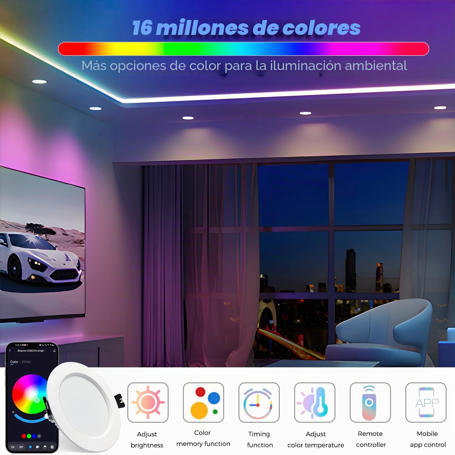 6 x Foco empotrable LED Bluetooth, regulable 10W RGBW Blanco cálido Blanco frío APP con mando a distancia downlight LED empotrable redondo 230V para salón, dormitorio