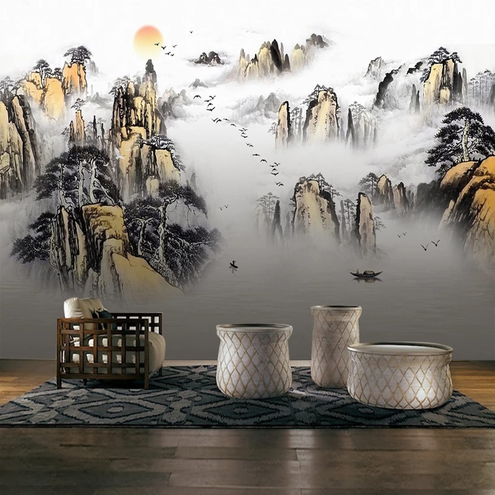 Photo personnalisée style chinois abstrait paysage 3D doré pour revêtement mural de grand salon