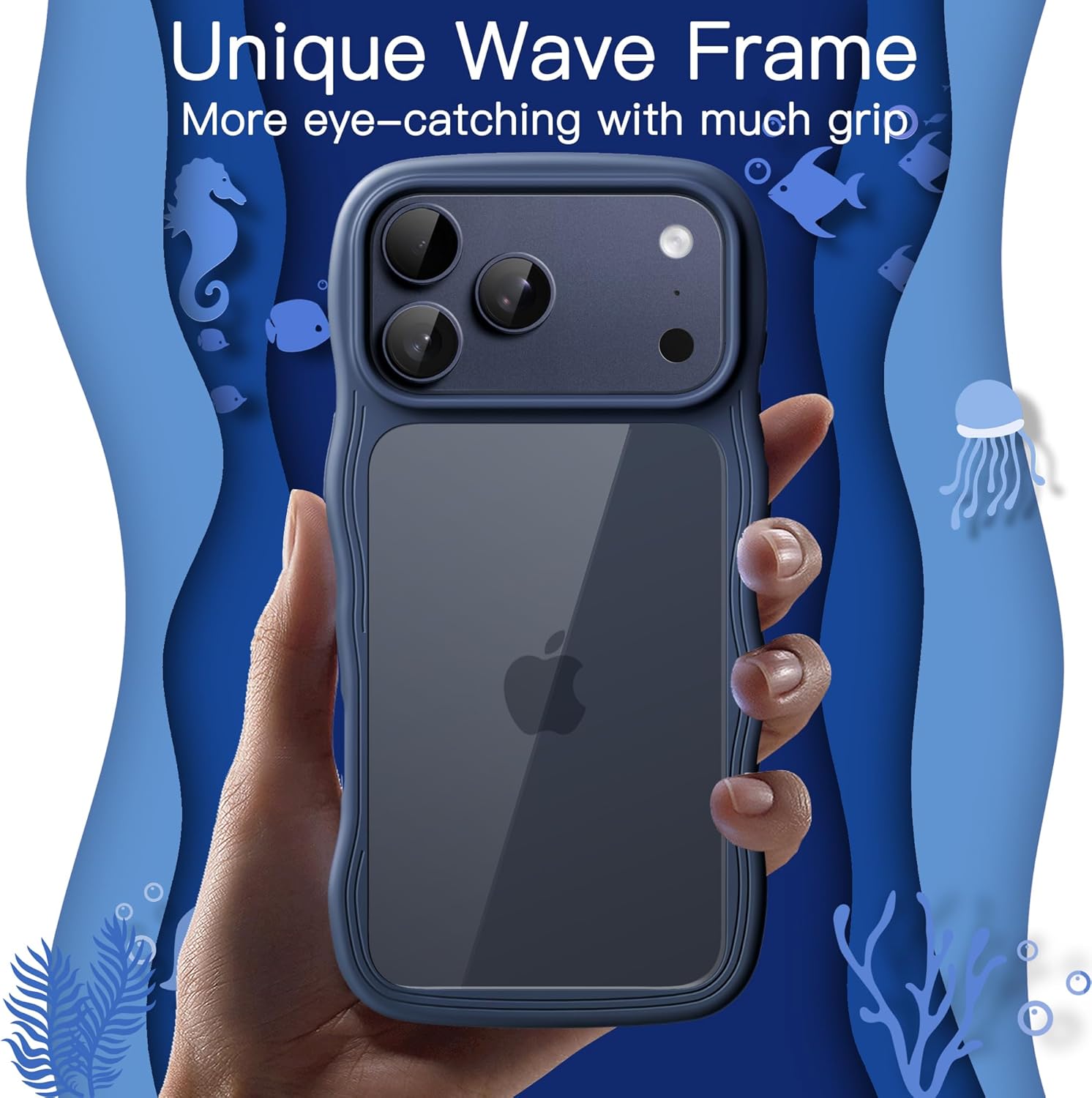 JETech Wavy Case for iPhone 17 Pro Max 6.9-Inch, Cute Wave Frame Curly Shape Shockproof Phone Cover for Women and Girls, Clear Hard PC Back (Dark Blue) - Image 3