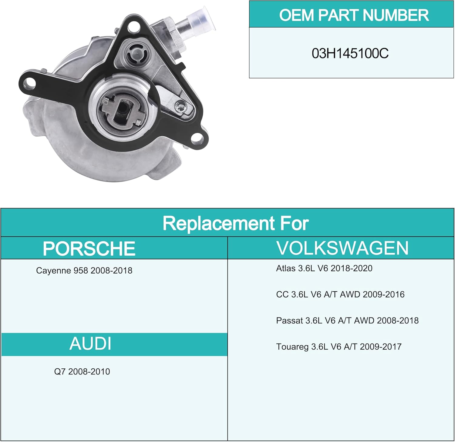 Brake Booster Vacuum Pump 03H145100C (Engine 3.6L) OE Replacement for 2008-2010 Audi Q7,2009-2018 Volkswagen VW Atlas Passat CC Touareg,2008-2018 Porsche Cayenne 958