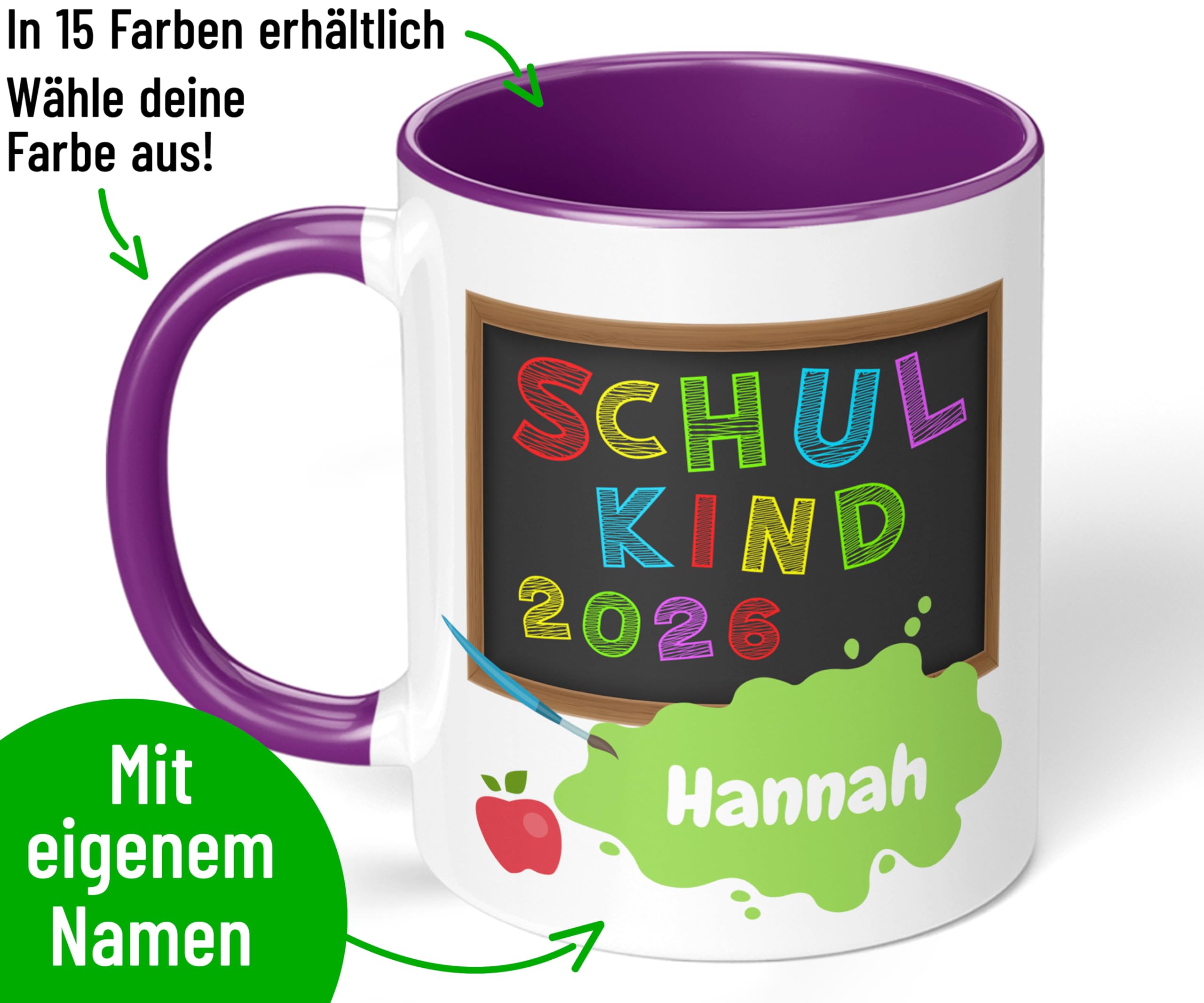 Geschenk zur Einschulung für Mädchen und Jungen: „Schulkind 2026“ - mit TAFEL-Motiv - personalisierte Tasse mit Namen für Erstklässler - kleines Geschenk für Schüler 1. Klasse, Violett