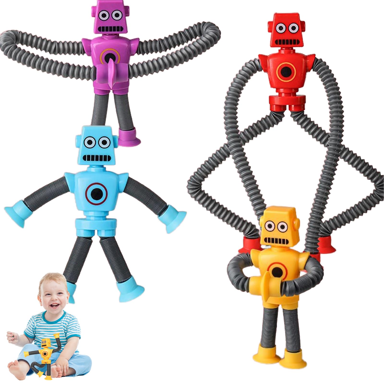 Stretchy Robot Tube Fidget Toys  4 Pack Sensory Toys for Kids and Adults, Travel and Bath for Toddlers, Airplane Activities for Boys and Girls