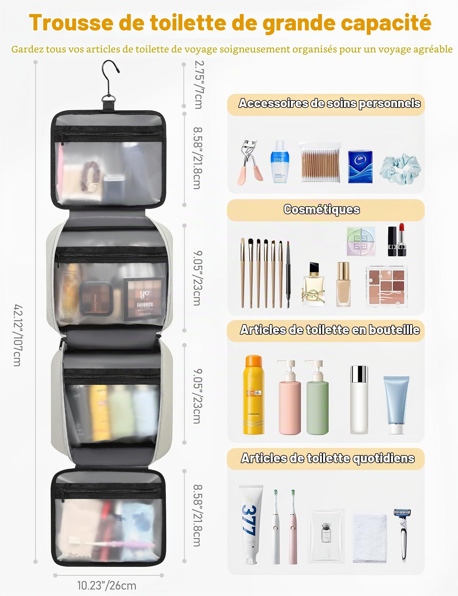 Trousse de Toilette Suspendue Hommes Femmes Sacs Voyage Trousse à Maquillage Imperméable Pliable Grande Capacité Organisateur Sac Articles de Toilette Format avec 5 Compartiments, Soie Gris-M