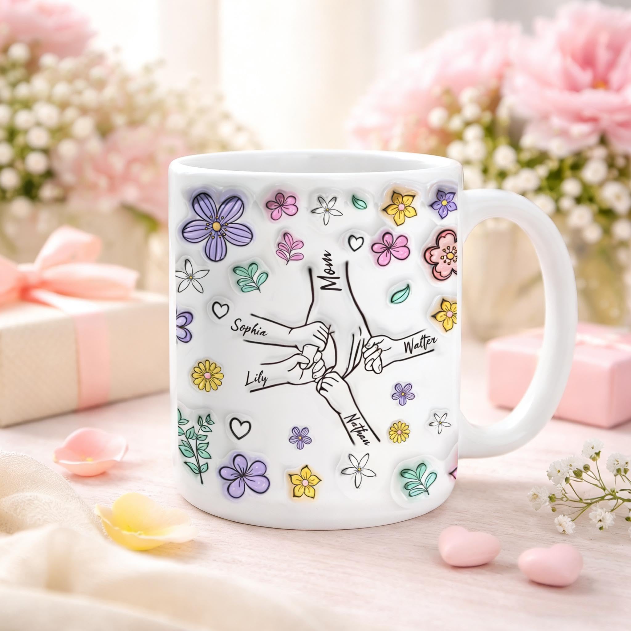 SOUFEEL Taza de abuela personalizada con nieto, abuela, mamá y nietos, flores a mano en mano, regalos personalizados para mamá y abuela, Patrón 3D taza de café, regalo del día de la madre — view 9