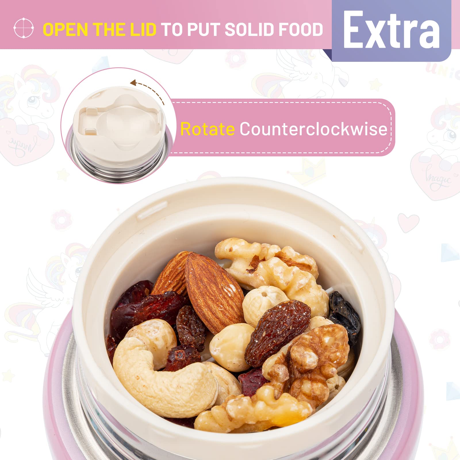 Charcy Termo para niños a prueba de fugas para alimentos calientes, termo de 17 onzas para alimentos calientes con cuchara plegable, contenedor de alimentos aislado, unicornio, rosa