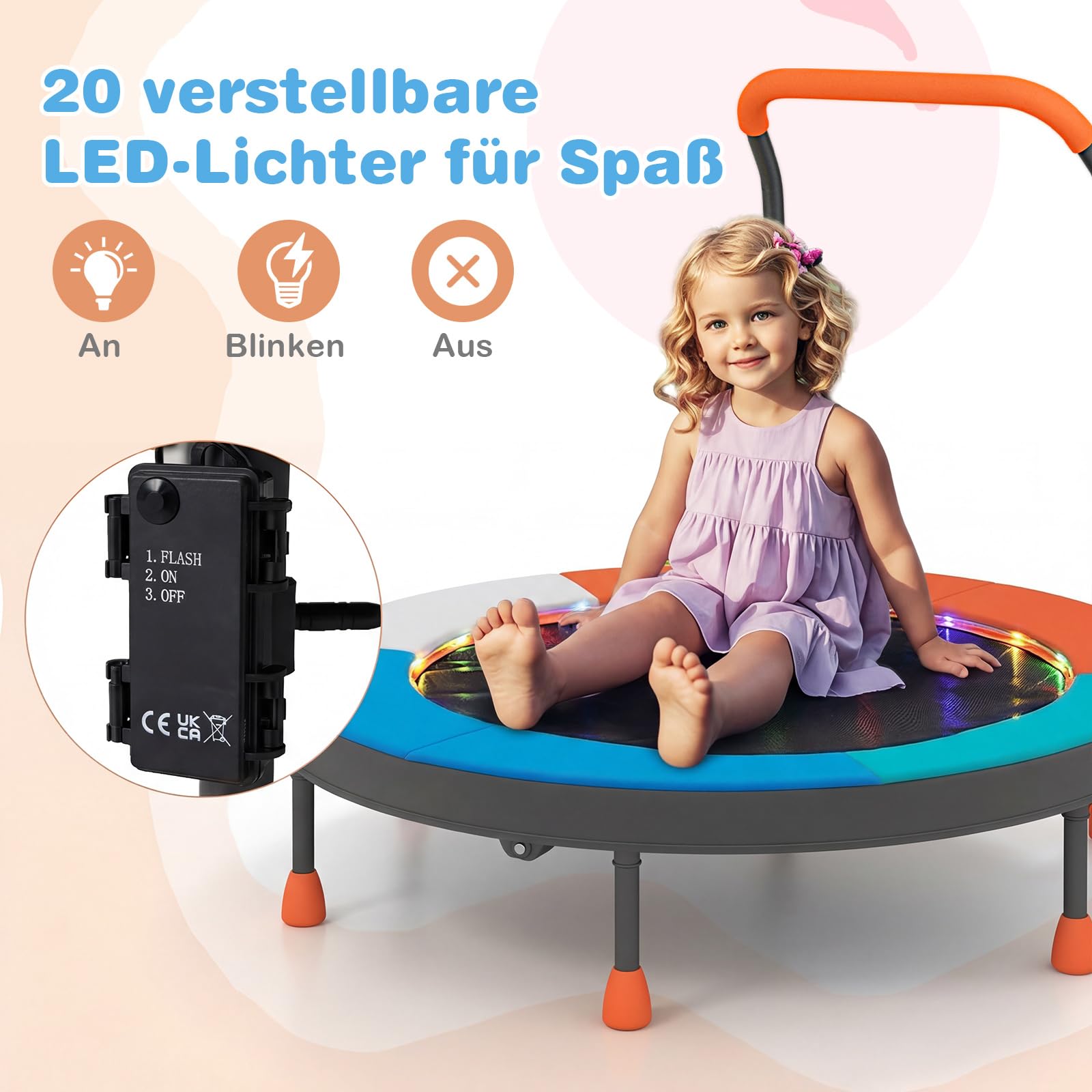 COSTWAY Ø90 cm Kinder Trampolin, Minitrampolin faltbar mit LED Beleuchtung, Fitness Trampolin Indoor mit Griff & Tragetasche, Gartentrampolin klein für Kinder ab 3 Jahren