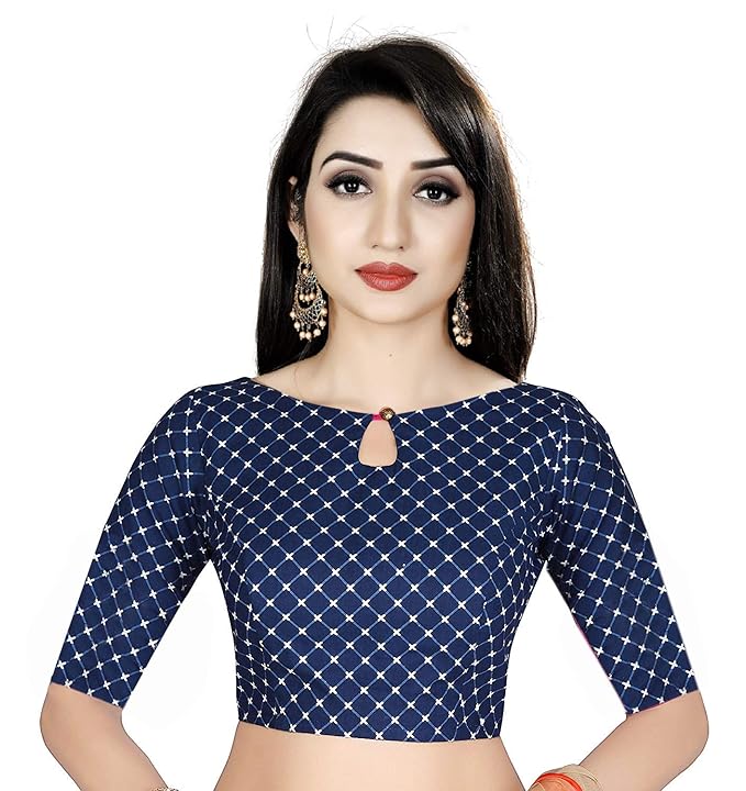 Women's Satin Silk Readymade Saree's Blouse (Printed Blue; Medium)