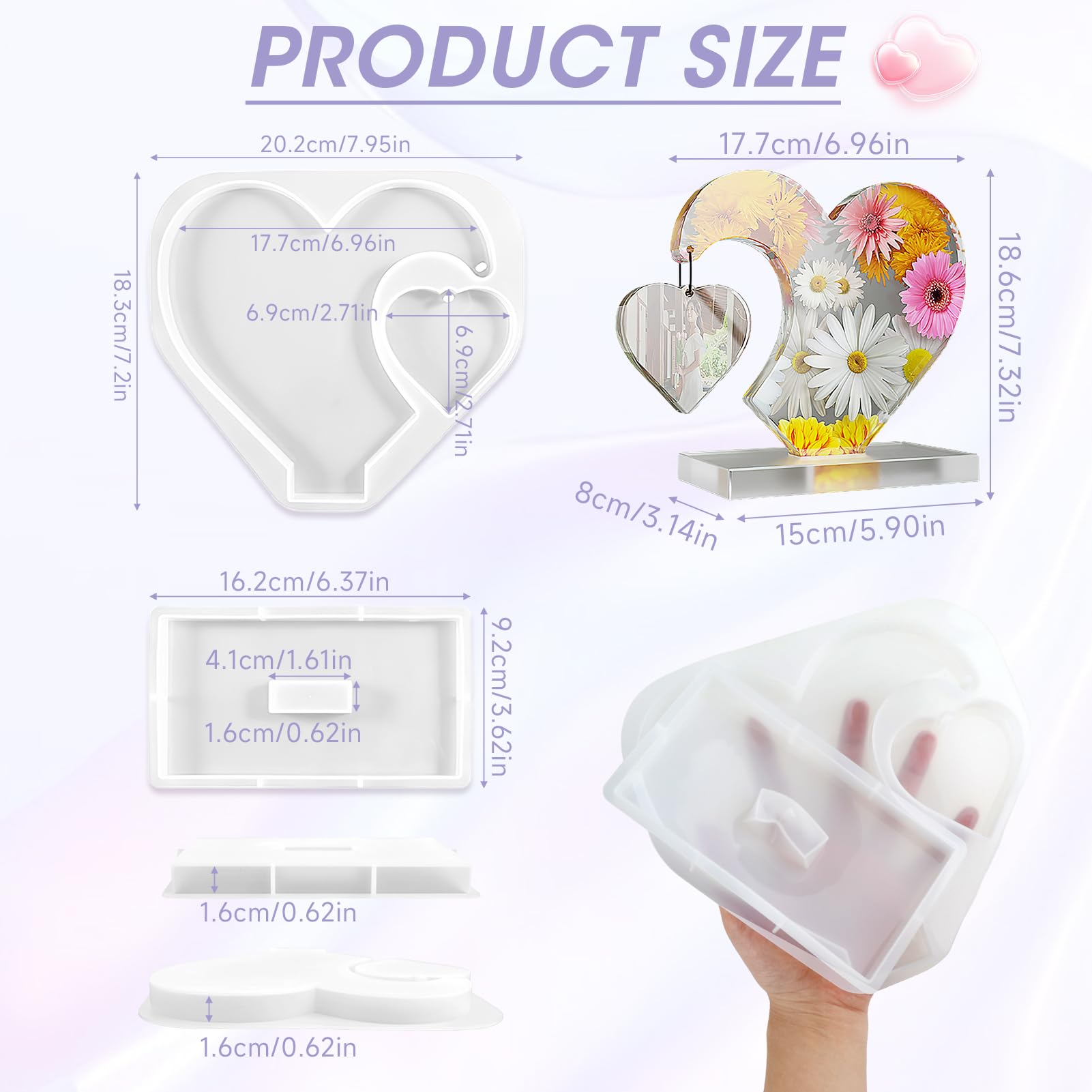 Moule Résine Époxy En Silicone Pour Faire Cadre Photo Forme De Double Cœur En Résine Cadeau Décoration Personnalisé Artisanal DIY Noël Anniversaire Mariage Saint-Valentin Couple Amoureux Famille