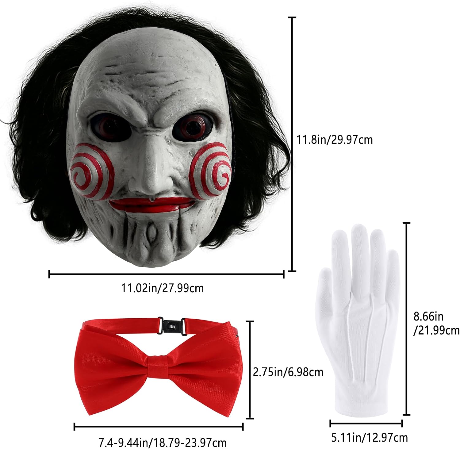 Saw Billy Mask The Scary Puppet Clown Mask with Adjustable Red Bow Tie & White Gloves Halloween Mask Adult