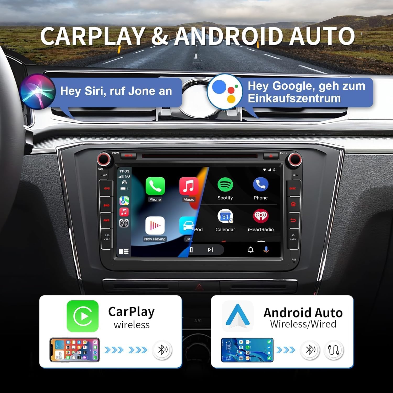 4G+64G 8" Android 15 Autoradio mit Navi für VW T5 Golf 5 6 Polo Sharan Seat Passat Tiguän, Doppel din Radio IPS Bildschirm Mediareceiver mit CarPlay Android Auto Bluetooth PDC RDS CD Kamera