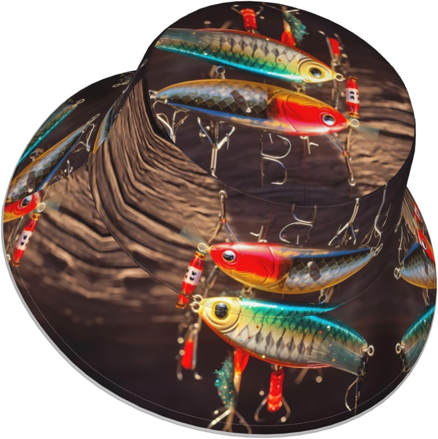 (Fishing Lure) Reflective Reversible Bucket Hat Foldable Breathable Stylish Two-Way Wear for Outdoor Travel Daily Activities Black