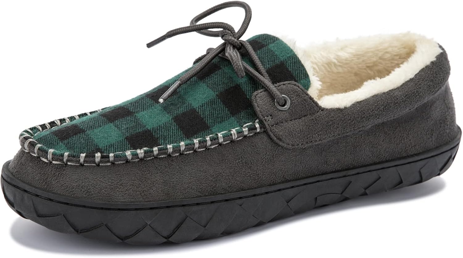 Mens Cozy Fuzzy Plaid Moccasin House Slippers Memory Foam Slip on Indoor Outdoor Green Plaid Size 10.5 - Image 2