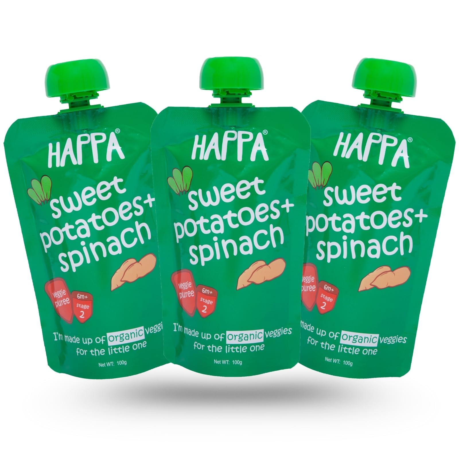 Happa Organic Baby Food Sweet Potato and Spinach Puree | 100% Fruits and Vegetables | No Added Sugar, No Milk Powder, No Preservatives | Stage 2 (6 Months+) | Ready to Eat | Free from Common Allergens | Pack of 3 (100g Each)