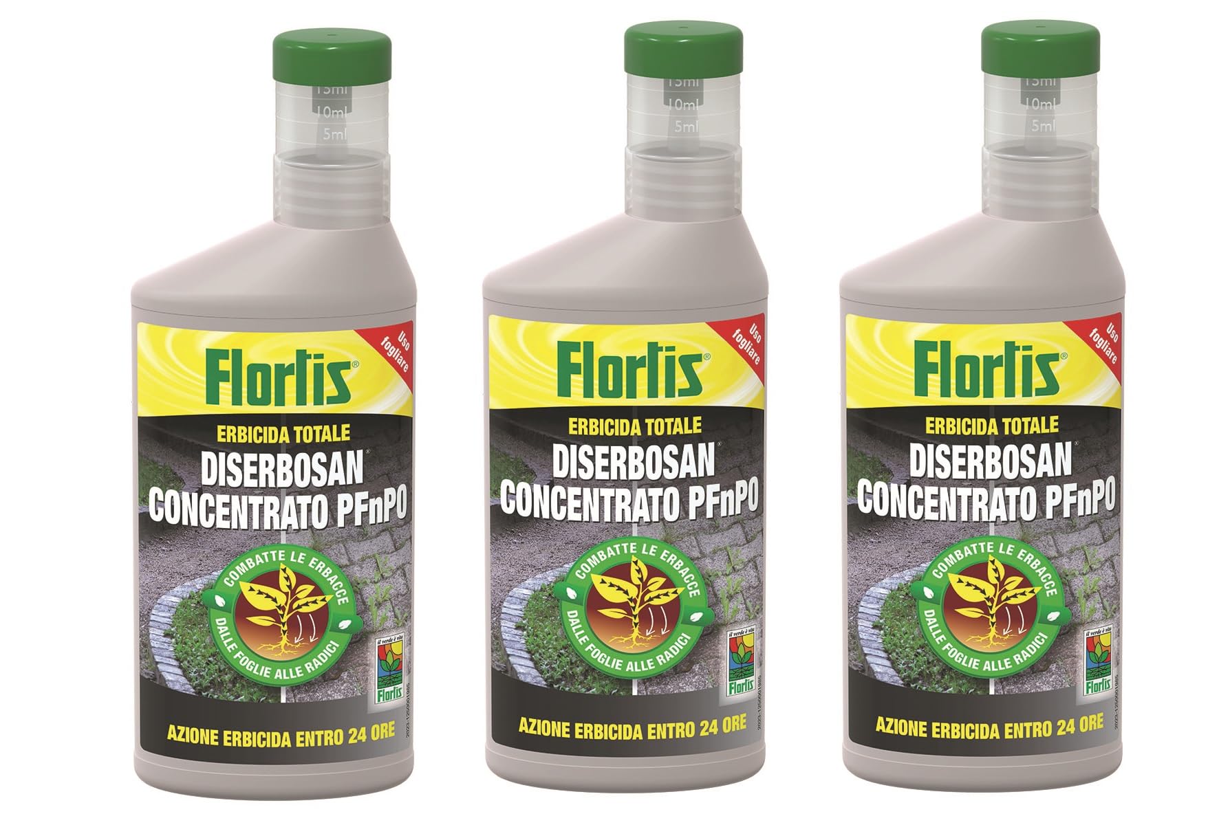 Flortis Diserbosan erbicida concentrato. Pack da 3pz di erbicida totale contro erbe infestanti, muschi, alghe. Diserbante totale. Utilizzo fogliare. Diserbante per erbacce a rapido effetto. 500ml.